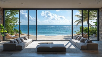 Luxury coastal living room with expansive ocean views and modern design elements
