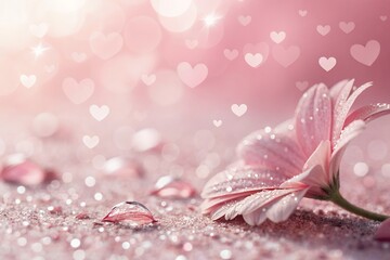Romantic Pink Flower Background with Hearts and Dewdrops