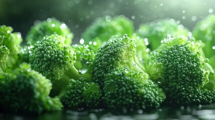 Fresh Green Broccoli Florets with Water Droplets Close-Up in Natural Light for Healthy Vegetarian Cooking and Organic Produce Display