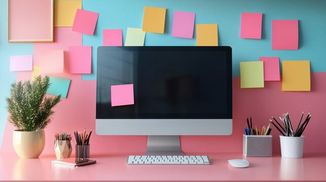 Modern desktop workspace with computer monitor colorful sticky notes wall decor pastel pink blue yellow green background