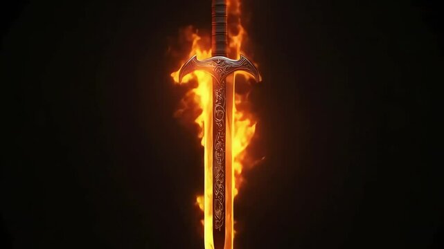 Glowing sword engulfed in flames, showcasing intricate designs against a dark background