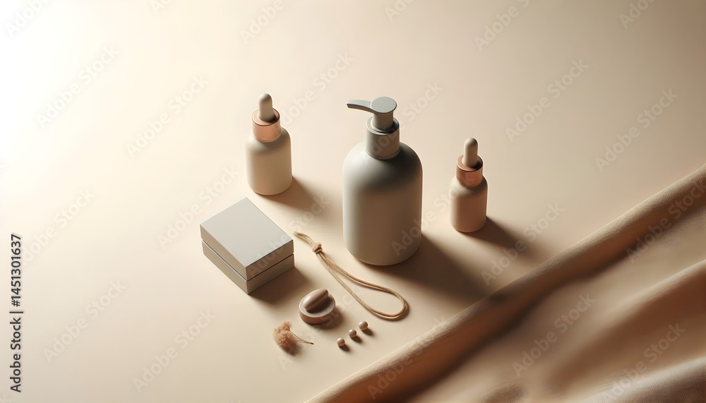 Poster minimal product arrangement photographed from above with soft daylight on beige background in elegan