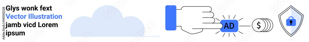 Poster hand clicking ad button triggering payment process. cloud, dollar sign, shield for security. ideal f