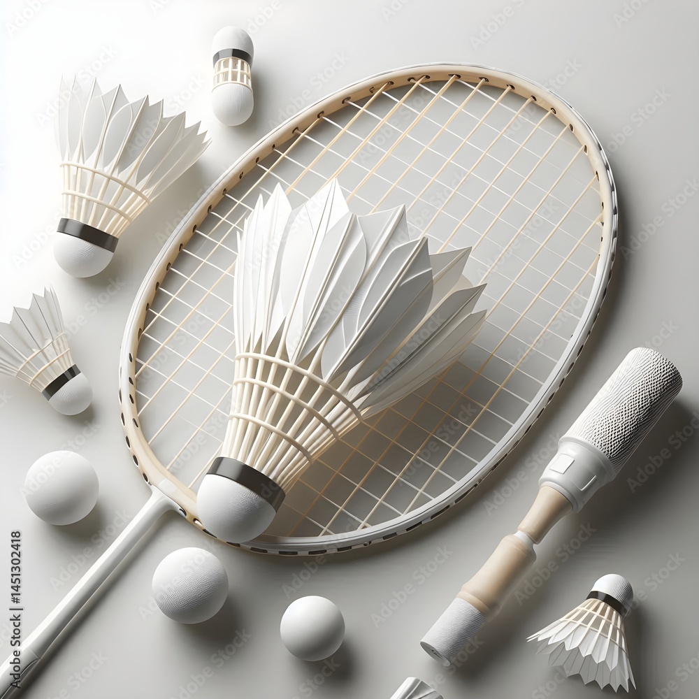 Poster badminton racket and shuttlecock placed side by side on white background with clean lighting and unb