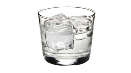 A clear glass filled with ice cubes and water, placed on a reflective surface, showcasing a refreshing drink experience