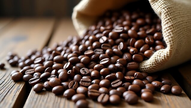 Close-up of roasted coffee beans spilling out of a burlap sack onto a rustic wooden table