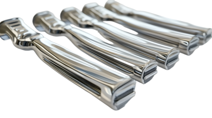 A close-up view of shiny, polished metal tools arranged in a row, showcasing their sleek design against a neutral background