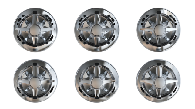 A collection of six metallic car wheel rims displayed in a grid format, showcasing sleek design and shiny surfaces
