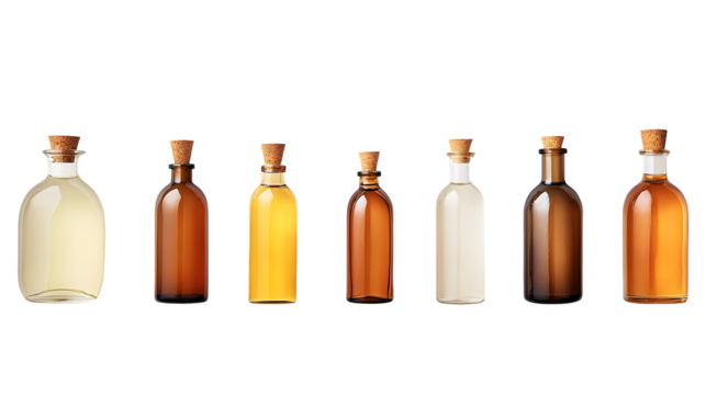 A collection of various glass bottles with cork stoppers showcasing different liquid colors on a clean background