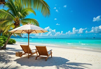 A tropical beach scene with palm trees, chairs, and an umbrella under a bright blue sky and turquoise water