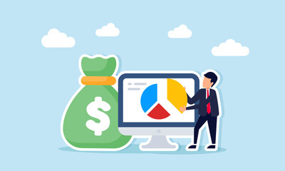 Businessman holding part of a pie chart from a monitor next to a sack of money illustration of dividend distribution or business share percentage accumulation