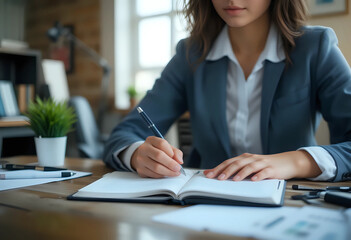 Close-up of business woman writing in notebook while sitting at office desk. Business planning and creativity concept.