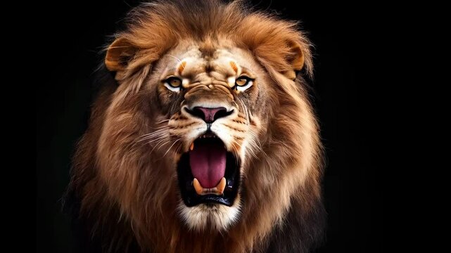 A lion roaring loudly with its mouth wide open in a repetitive sequence.