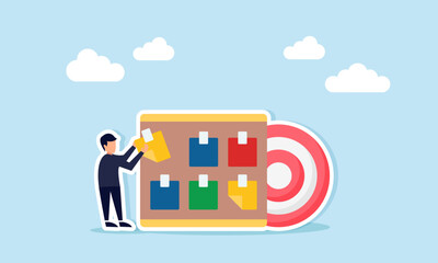 Businessman attaching a paper to a noteboard next to a target board, illustration of noting down shortcomings and suggestions for business target completion