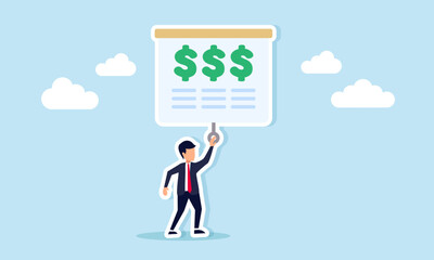 Businessman pulling a projector screen displaying a dollar sign, illustration of education, socialization, and promotion related to proper business financial management