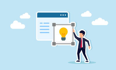 Businessman standing next to a square light sign beside an application interface, illustration of designing and applying the right business ideas