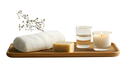 A serene spa setting featuring rolled towels, soap, candles, and water glasses, perfect for relaxation and wellness themes