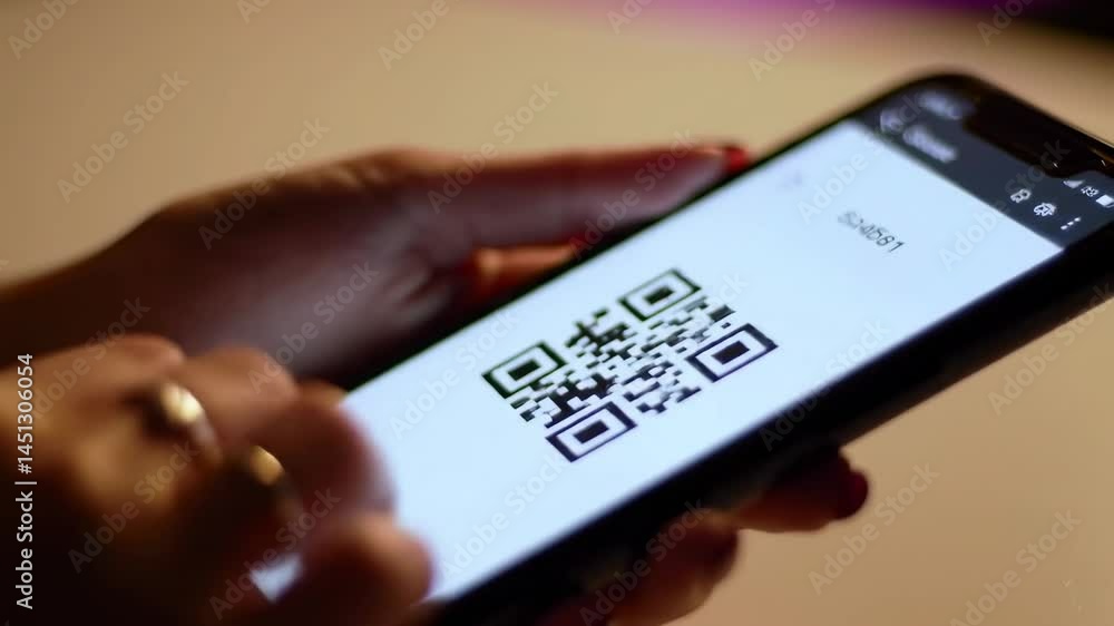 Aufkleber close-up of a woman's hands using a mobile phone to scan a qr code, focused on modern technology and