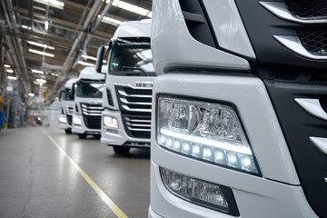 Obraz premium New white semi-trucks with bright headlights, parked in a row inside a spacious factory.