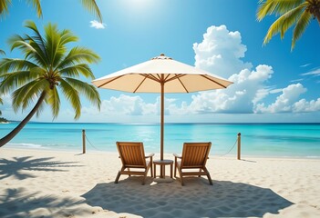 Obraz premium Two chairs and an umbrella on a tropical beach with palm trees and turquoise ocean water view scene