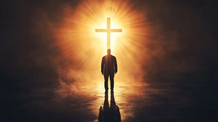 Silhouetted figure standing before glowing cross, symbolizing faith and hope