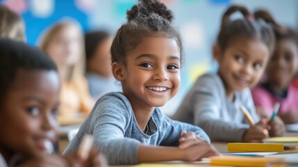 Enthusiastic elementary students focused on learning with smiles in a classroom setting