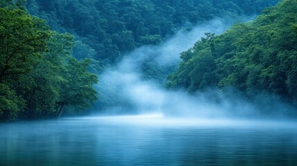 Misty river valley, tranquil scene