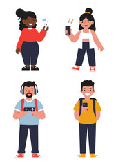 Simple flat design set of 4 diverse YouTuber characters with unique styles and white background, showing gamer, vlogger, and creator roles.