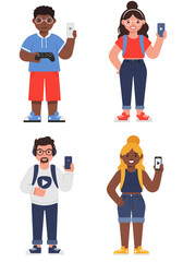 Simple flat design set of 4 diverse YouTuber characters with unique styles and white background, showing gamer, vlogger, and creator roles.