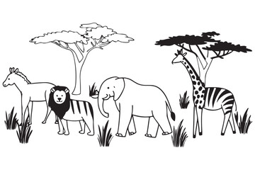 African Safari Animal Illustration – Lion, Elephant, Zebra, Giraffe, Black and White Cartoon Wildlife Drawing for Kids and Education, Savanna Scene Vector – Wildlife Clipart for Coloring and Design