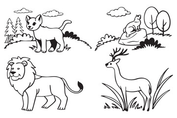 African Safari Animal Illustration – Lion, Elephant, Zebra, Giraffe, Black and White Cartoon Wildlife Drawing for Kids and Education, Savanna Scene Vector – Wildlife Clipart for Coloring and Design