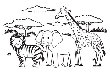 African Safari Animal Illustration – Lion, Elephant, Zebra, Giraffe, Black and White Cartoon Wildlife Drawing for Kids and Education, Savanna Scene Vector – Wildlife Clipart for Coloring and Design