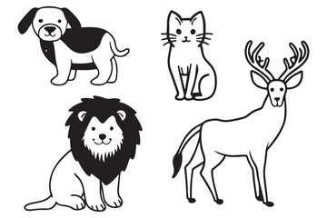 African Safari Animal Illustration – Lion, Elephant, Zebra, Giraffe, Black and White Cartoon Wildlife Drawing for Kids and Education, Savanna Scene Vector – Wildlife Clipart for Coloring and Design