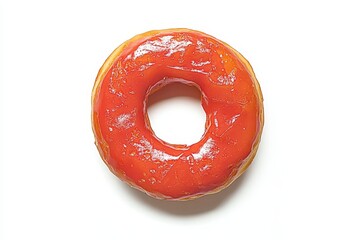 Glazed donut with vibrant red icing on a white background, ideal for dessert promotions