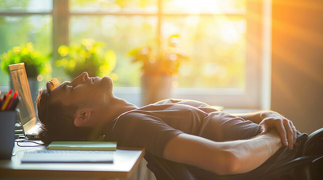 Person yawning at desk during daytime