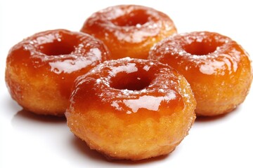 Glazed donuts stacked together, showcasing their shiny caramel topping and soft texture