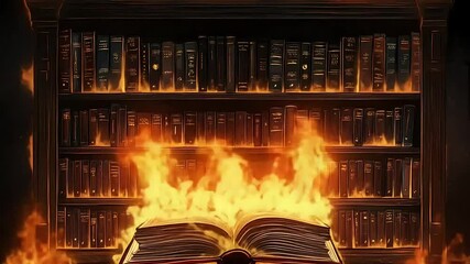 A dramatic scene of an open book engulfed in flames in front of a burning bookshelf, symbolizing destruction of knowledge