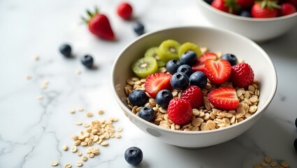 Healthy breakfast bowl with fruit, oats, and seeds on a marble countertop