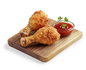 A pair of fried chicken drumsticks on a wooden board