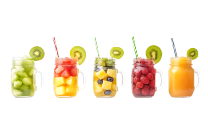 Colorful fruit juices in mason jars with straws, showcasing vibrant ingredients and a refreshing summer vibe