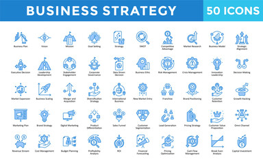 Business Strategy icons set with business plan, vision, mission, goal setting, strategy, swot, competitive advantage, market research, business model icon. Simple retro vector 
