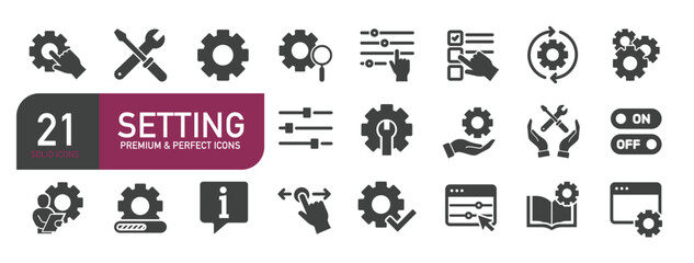 Set of glyph solid icons related to setting, setup, repair. Glyph solid icons collection. Vector illustration