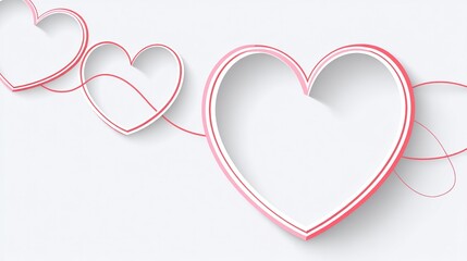 Continuous line heart shape border with realistic paper heart on white background for valentines