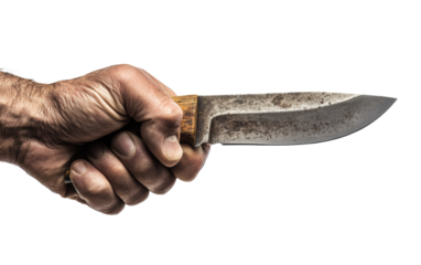 Hand holding a rustic hunting knife with textured.
