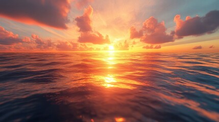 Obraz premium Stunning vibrant sunset over calm ocean with colorful sky and reflective water surface du golden hour, peaceful seascape, scenic view for travel relaxation