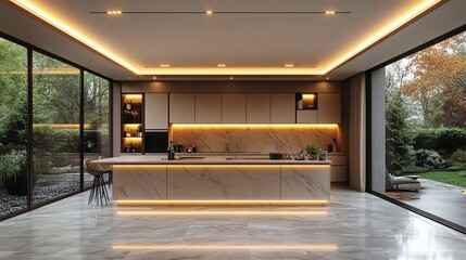 Luxurious open kitchen illuminated with warm led lighting and garden view