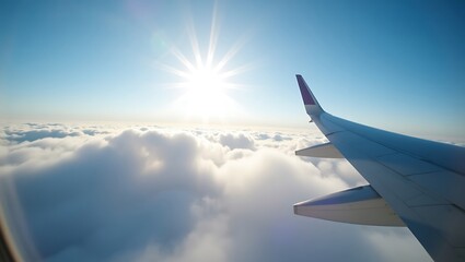 Obraz premium POV from inside an airplane looking out at clouds and wing during a bright sunny flight