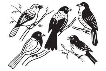 Black and White Bird Illustration – Eagle, Dove, Swan, Songbirds, Cartoon Bird Clipart on Branches for Kids, Coloring, and Learning, Nature-Inspired Vector Art – Wildlife Avian Drawing for Education