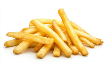 Golden, crispy French fries piled on a clean white surface, ideal for food photography