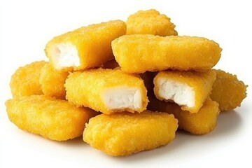 Golden, crispy chicken nuggets stacked on a white background, ideal for fast food promotions (1)